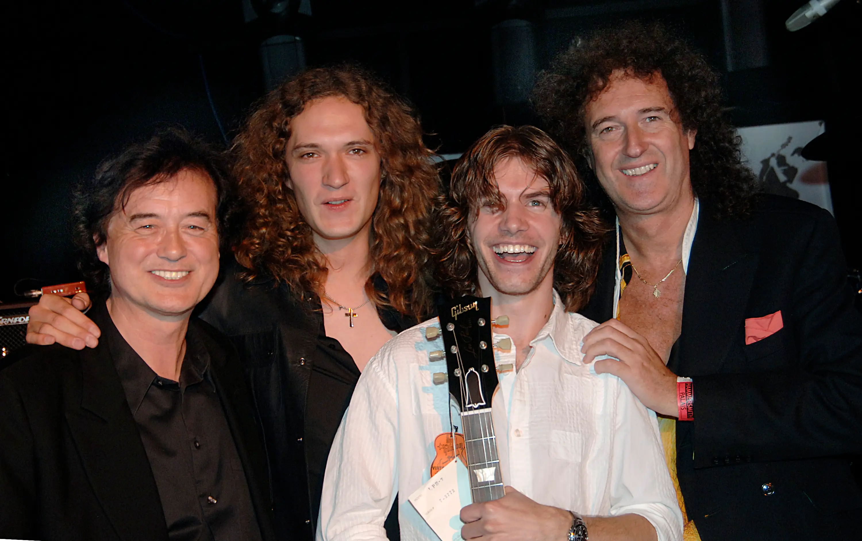 Martin Tomkins with Jimmy Page, Brian May and Dan Hawkins at Riffathon Live 2005